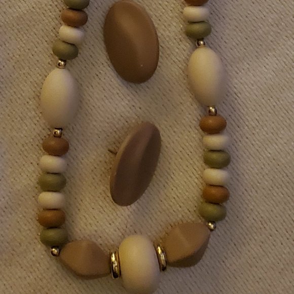 Contempo Fashions Cream/sage/taupe/tan bead necklace w/ taupe pierced earrings - Picture 1 of 3